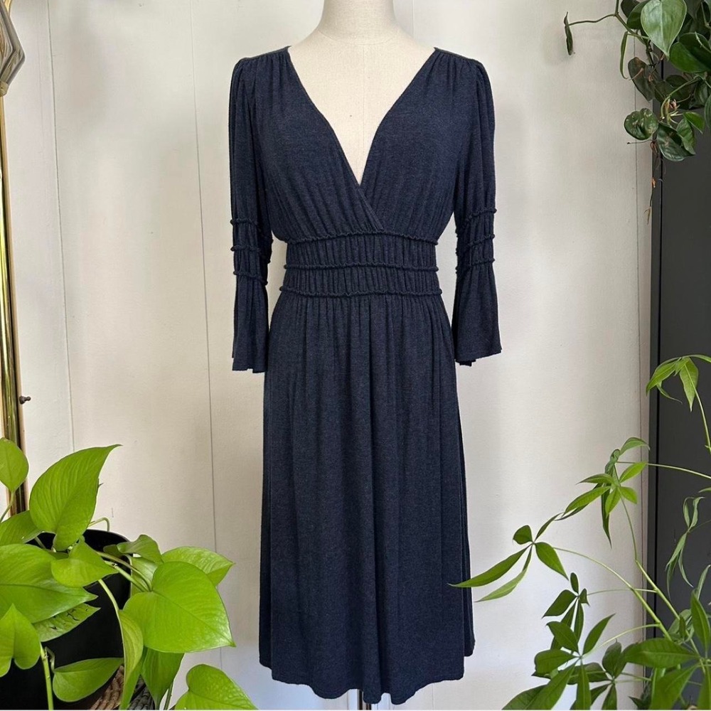 Max Edition Navy Blue Midi Dress Bell Sleeve V-Neck Boho Cottagecore Large